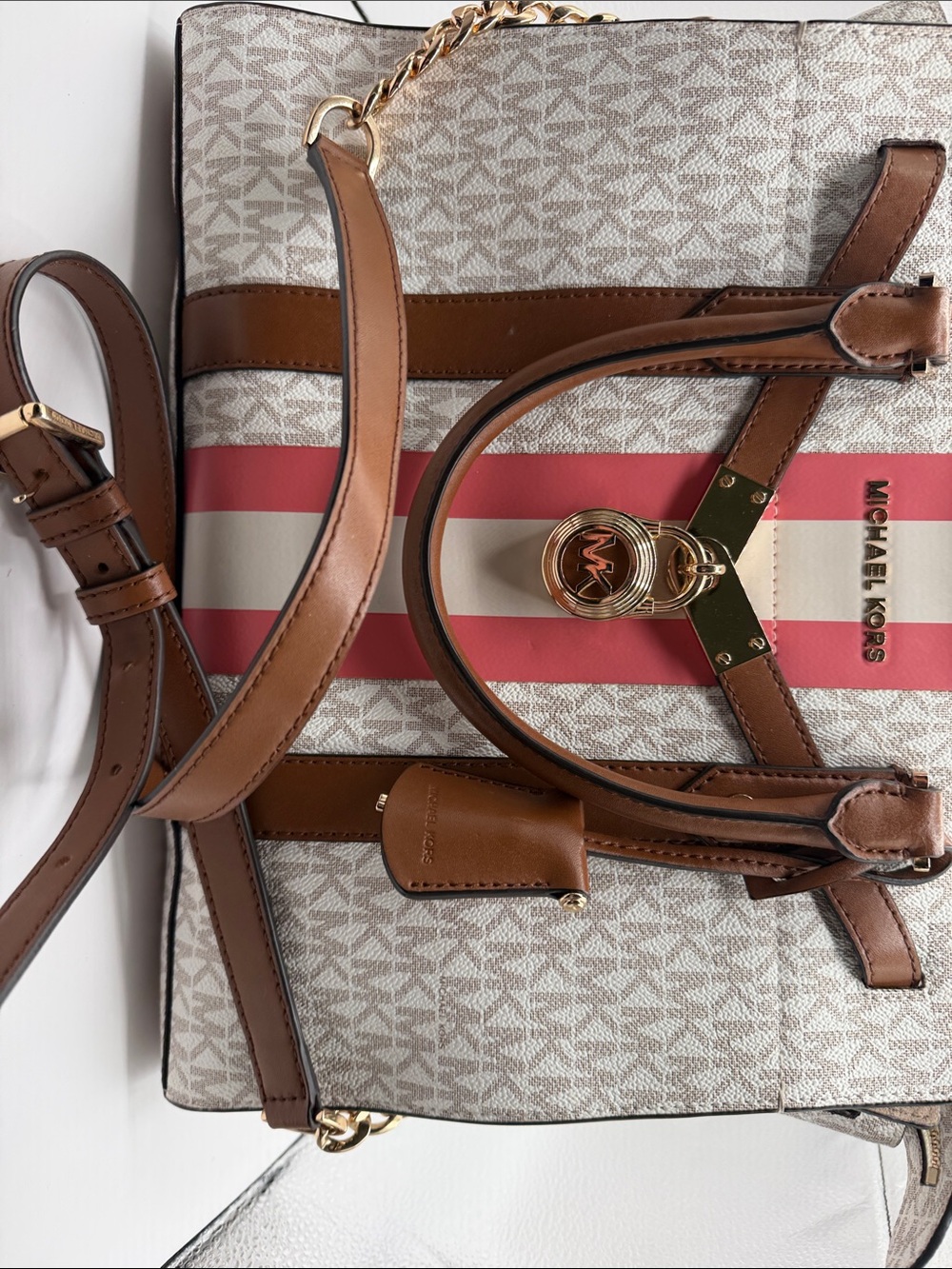 Michael Kors Pink and Cream Stripe Tote with Brown Trim and Matching Wallet - Picture 2 of 15